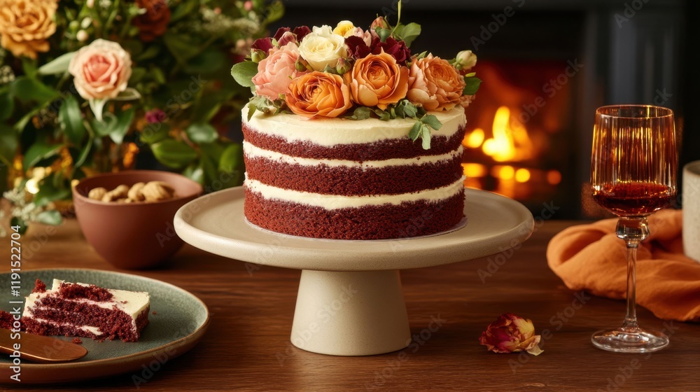 Elegant Layered Red Velvet Cake with Fresh Flowers Elegant Layered Red Velvet Cake with Fresh Flowers