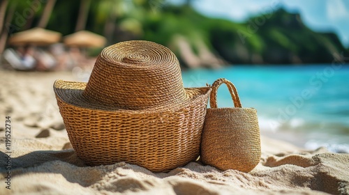 Stylish straw hat and tote bag resting on sandy beach near calm turquoise wat...