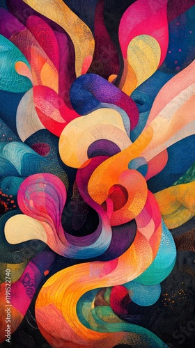 Vibrant abstract artwork featuring dynamic swirls and bold colors in a modern...
