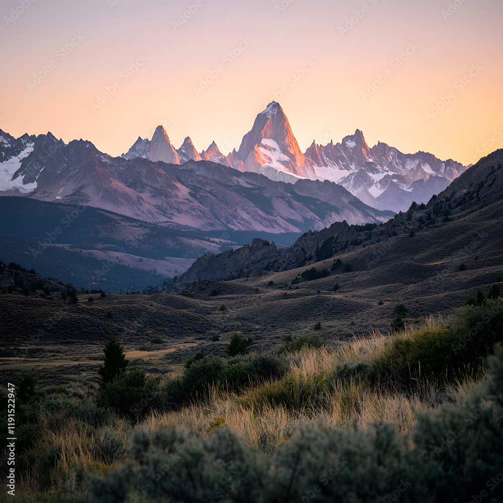 Obraz premium Majestic mountain range at sunrise, bathed in warm, soft light. Serene landscape with rolling hills and valleys.