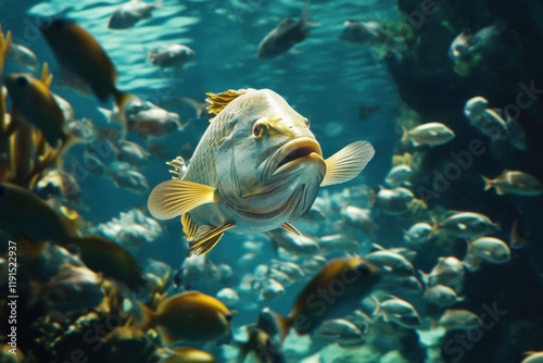 Underwater community with Napoleon wrasse cleaner wrasse and school photo