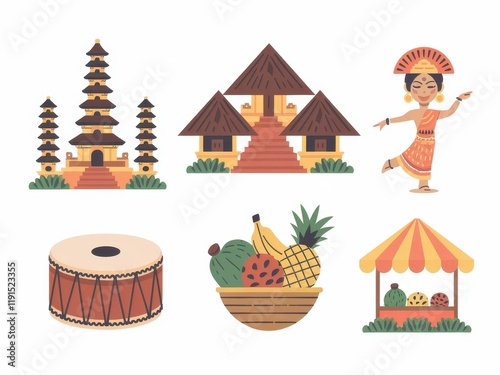 Balinese Culture Illustrated Featuring Temples Dance Fruit And Music photo