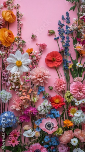 Vibrant assortment of flowers against a pink background showcasing various co...