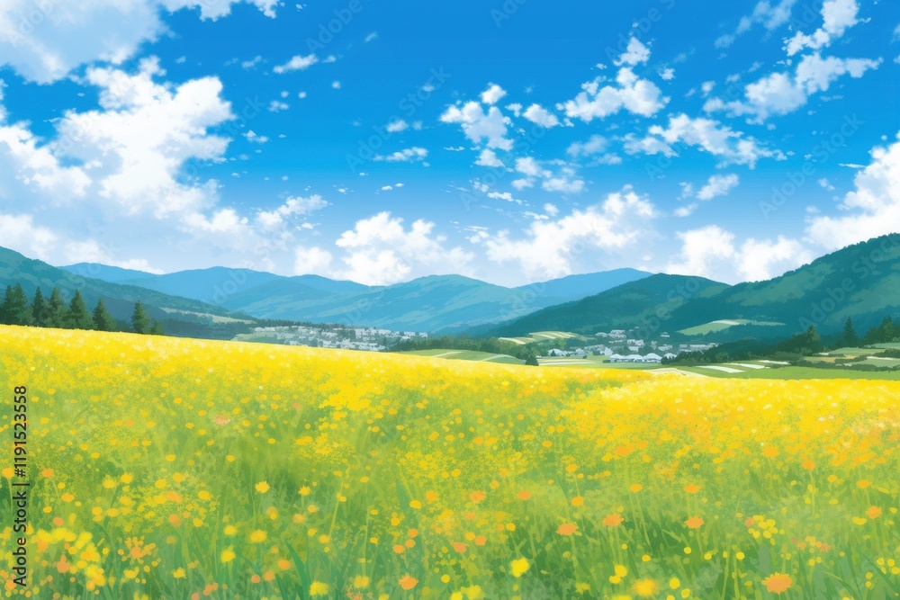 Obraz premium Yellow Flower Field Under Blue Sky and Mountains