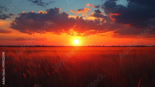 Breath-taking sunset over golden grassland with vibrant sky hues in a serene ...