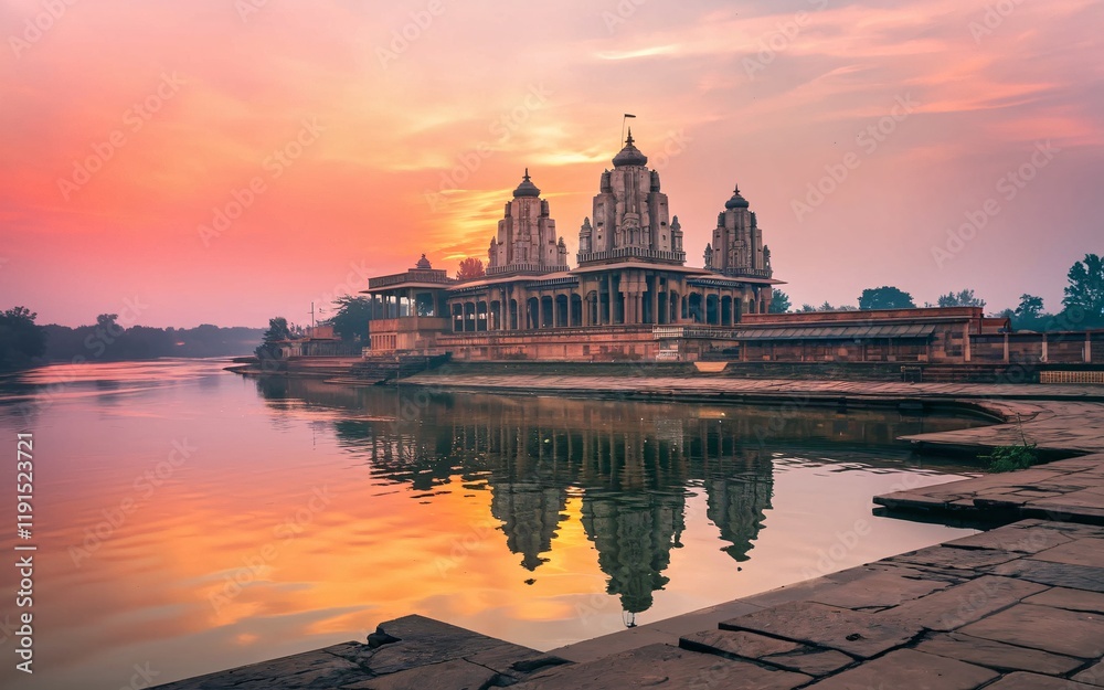 Fototapeta premium Sunrise reflecting on a serene temple by the water.