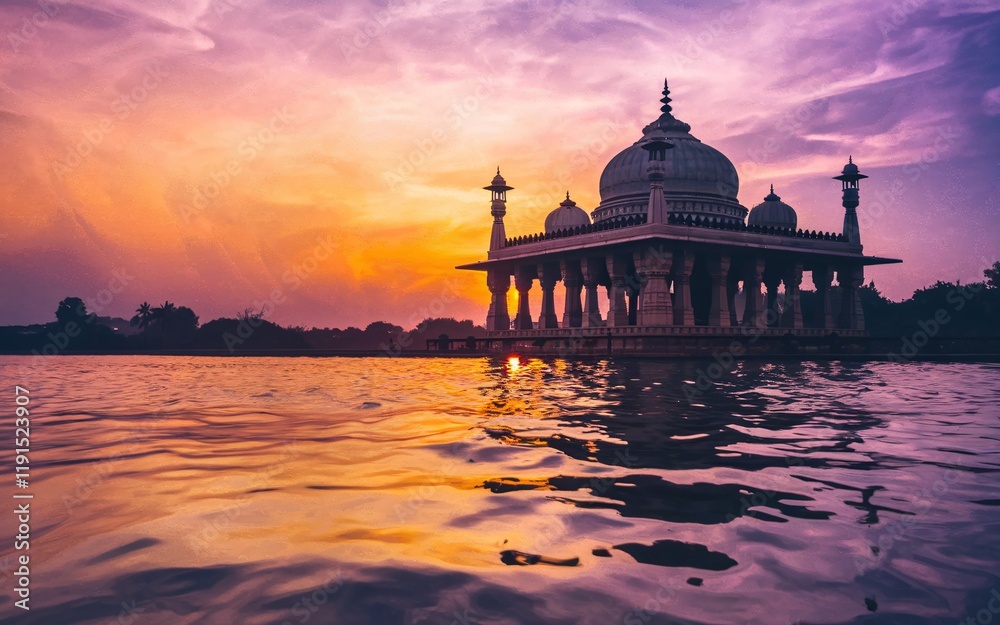 Obraz premium Sunset view of a marble mausoleum on a lake.