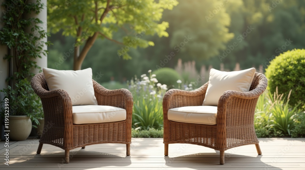 Two wicker chairs with cushions on a wooden patio, surrounded by greenery in the background, captured in soft morning light. Two wicker chairs with cushions on a wooden patio, surrounded by greenery in the background, captured in soft morning light.