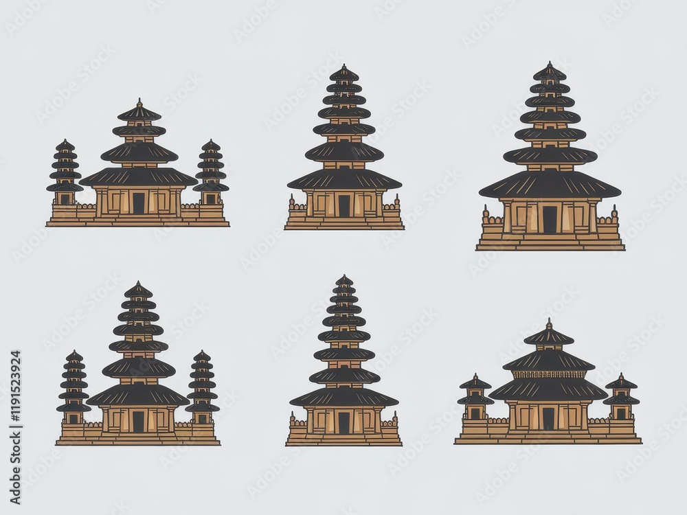 Obraz premium Six Illustrations of Balinese Temple Architecture Designs