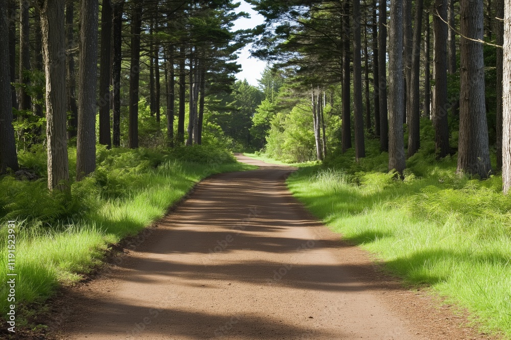 A dirt road in a forest with trees on both sides. The road is empty and the trees are green A dirt road in a forest with trees on both sides. The road is empty and the trees are green