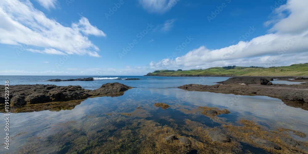 A calm body of water with a rocky shoreline and a clear blue sky. The water is teeming with life, including many small sea creatures A calm body of water with a rocky shoreline and a clear blue sky. The water is teeming with life, including many small sea creatures