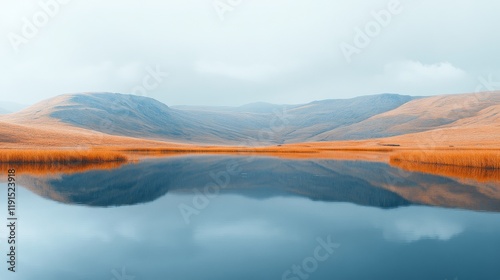 Serene landscape with foggy river and tall grasses in early morning light