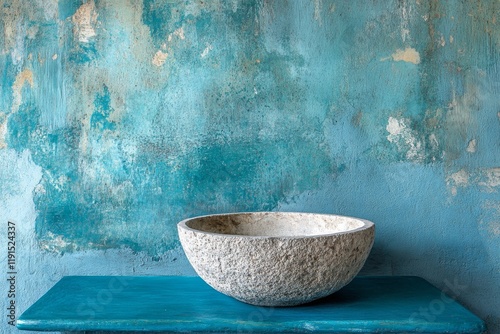 Elegant gray stone bowl on blue wooden table with textured cloth nearby