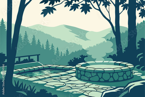 Serene mountain hot spring, misty forest landscape, steam rising from water, natural stone pool, sunlight filtering through trees, tranquil outdoor spa, lush green foliage, blue mountain silhouettes, 