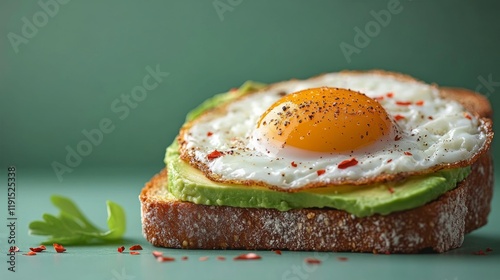 Delicious breakfast toast topped with avocado, fried egg, and spices served o...