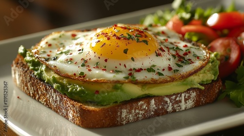 Delicious breakfast toast topped with avocado, fried egg, and spices served o...