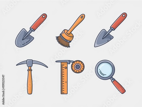 Collection of tools for gardening archaeology and measuring