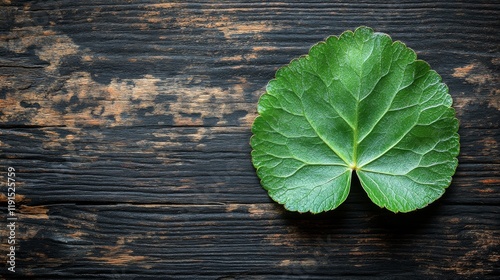 Green leaf resting on a rustic wooden surface showcasing natural beauty in de...