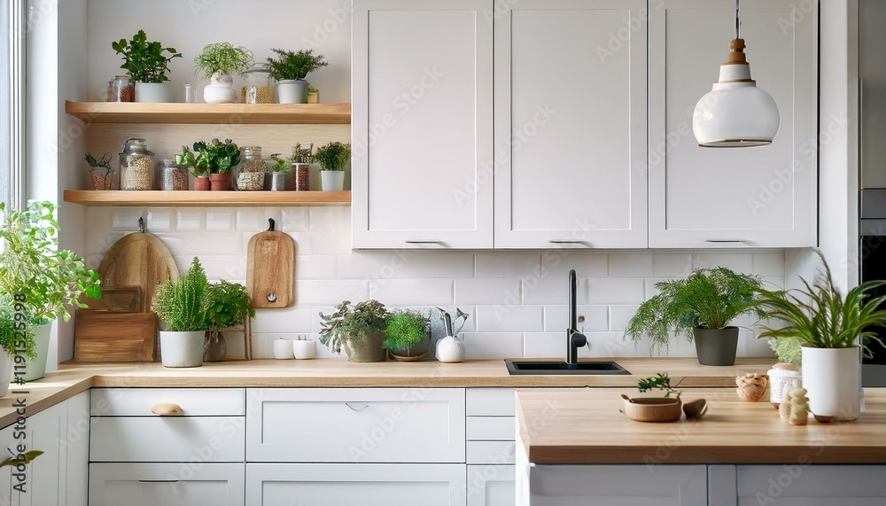Fototapeta premium Generated image Scandinavian kitchen with an island, white cabinets, and a collection of potted herbs