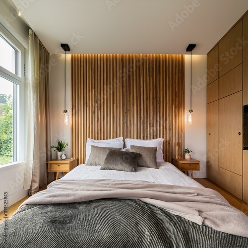 Wallpaper Mural Generated image Scandinavian bedroom with a feature wall of natural wood panels, a minimalist bed frame Torontodigital.ca