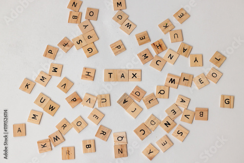 Wooden letter tiles spelling 'TAX' on a white background.