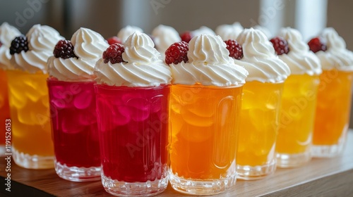 Colorful gelatin desserts topped with whipped cream and fruit garnishes in a ...