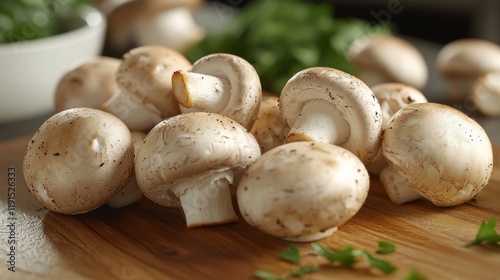 Fresh mushrooms on wooden table ready for culinary preparation or recipe use