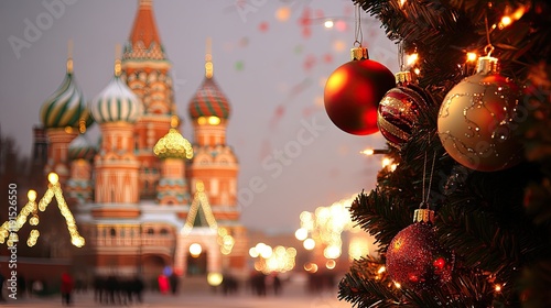 Festive Christmas Ornaments Adorn Tree Near St Basils Cathedral photo