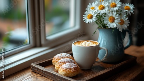 Enjoying freshly baked pastries and coffee in a cozy cafe setting on a beauti...