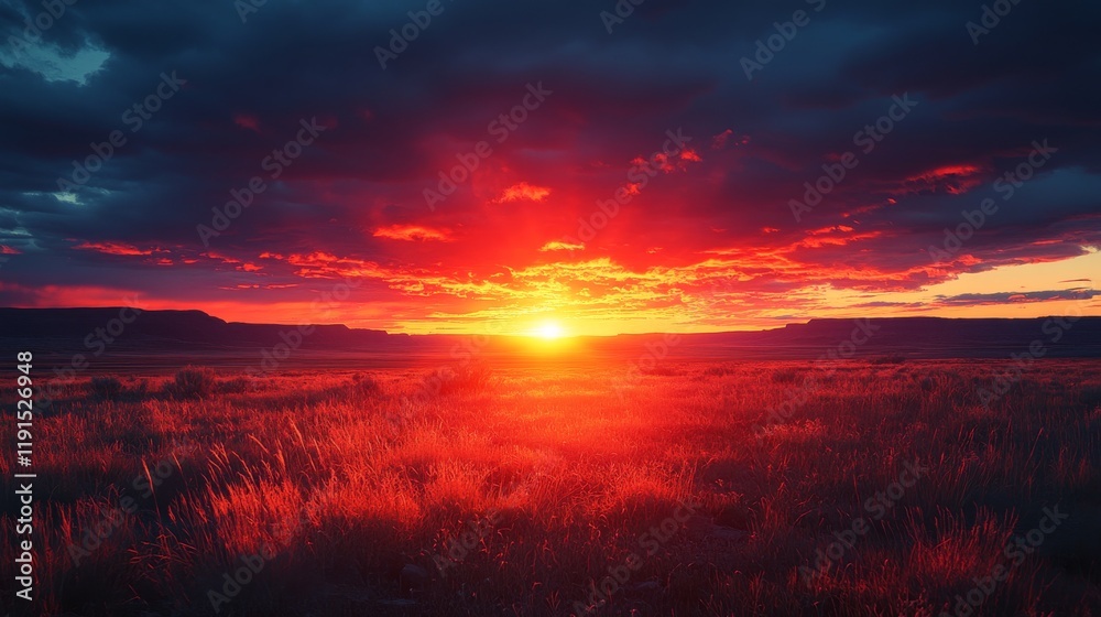 Fototapeta premium Beautiful sunset over mountains with vibrant orange and red colors illuminating the sky