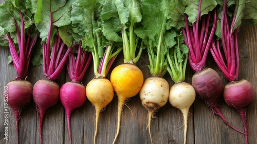 Freshly harvested radishes and turnips displayed on a rustic wooden table