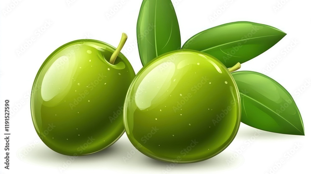 Obraz premium Green olives with leaves, isolated, white background, food packaging