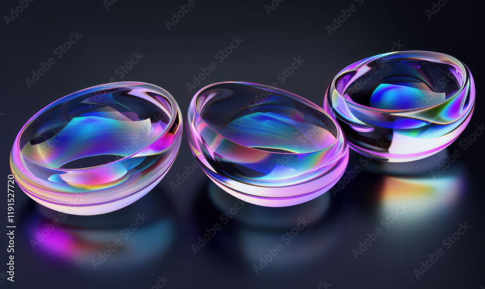 3D Iridescent Glass Shapes - Curved Reflective Objects on Black Background 3D Iridescent Glass Shapes - Curved Reflective Objects on Black Background