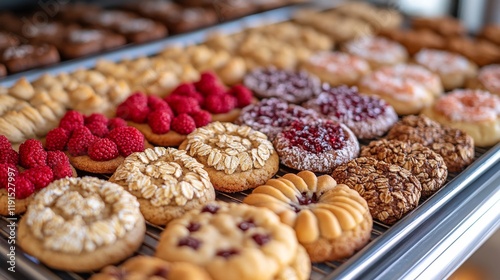Collection of assorted donuts displayed in a bakery case during morning hours