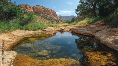 Natural oasis surrounded by mountains and desert landscape under a blue sky