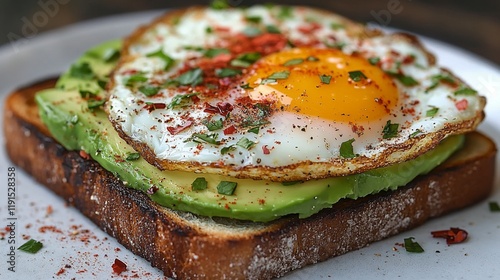 Delicious breakfast toast topped with avocado, fried egg, and spices served o...