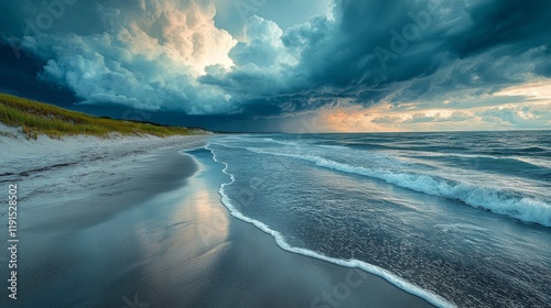 Dramatic cloudy sunset over sandy beach and grassland along the coastline