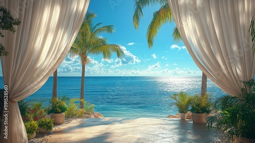 Stunning ocean view framed by sheer curtains on a sunny day