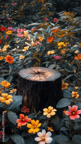 Beautiful forest clearing with vibrant flowers surrounding a tree stump durin...
