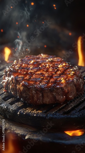 Perfectly Grilled Steak on Charcoal Barbecue with Flames and Smoke