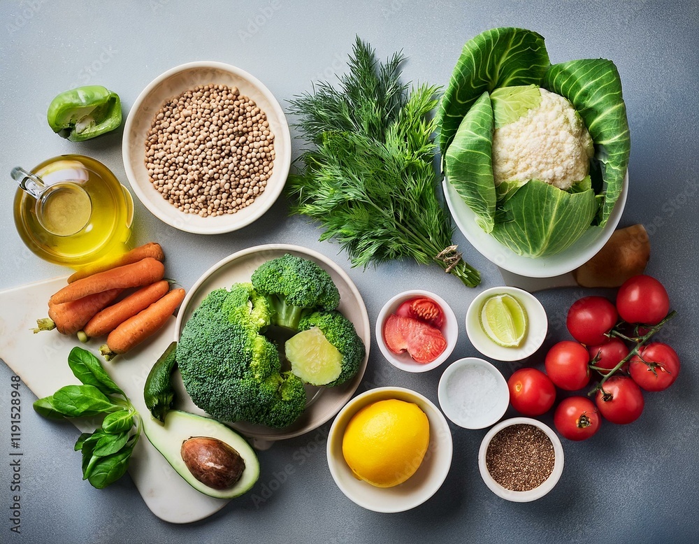 Obraz premium Generated image ngredients for vegetable salad, diet and healthy food. Low calorie flatlay layout