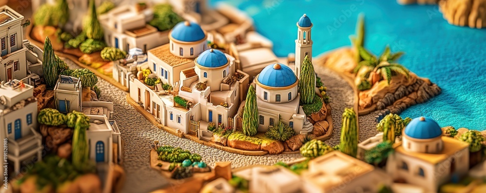 Naklejka premium Coastal village model, miniature architecture, Aegean Sea, travel destination