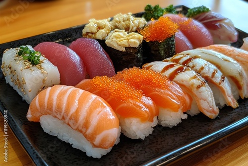 Assorted sushi varieties beautifully presented on a dark slate platter at a r...