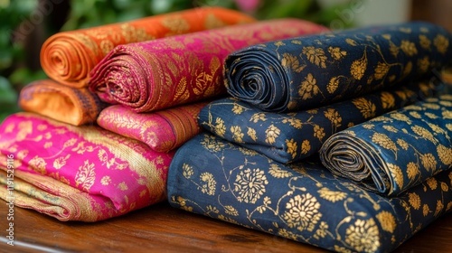 Colorful traditional fabrics displayed elegantly on a wooden table, showcasin...