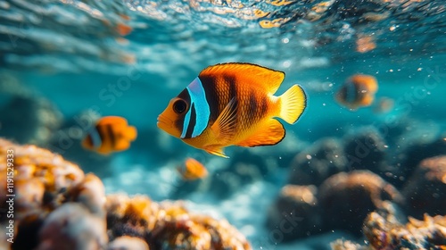 Colorful tropical fish swimming in clear ocean water near coral reef at midday