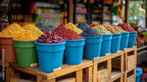 Colorful display of dried beans and legumes in vibrant buckets at a local market