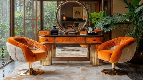 Elegant vanity setup with illuminated mirror in a stylish bathroom during eve...