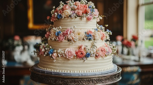 Elegant three-tier wedding cake decorated with fresh roses and blooms at a be...