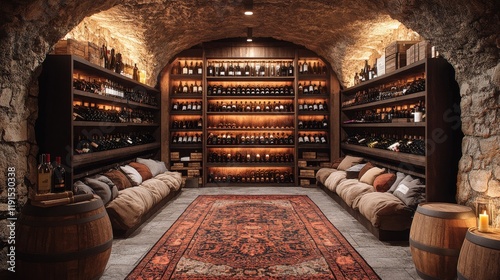 Wine cellar with stone walls and warm lighting showcasing various bottles and...