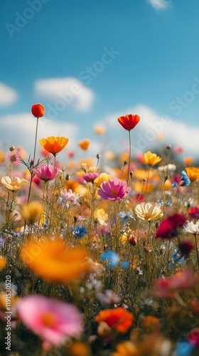 Vibrant wildflower field with a clear blue sky and fluffy clouds in a sunny s...